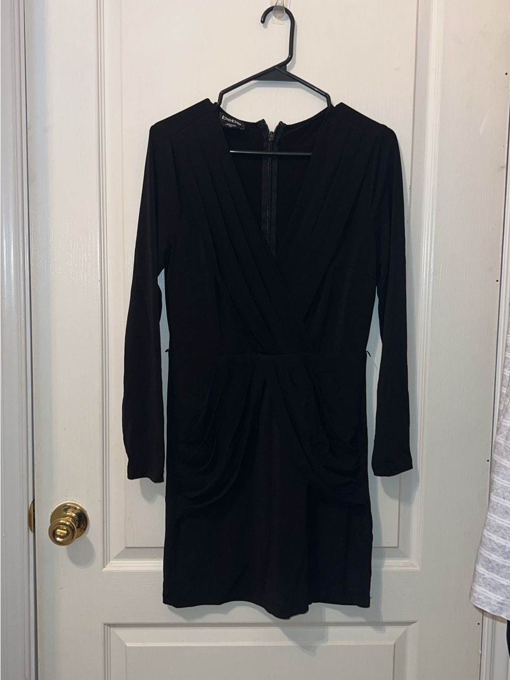 bebe Black Long-Sleeve Draped V-Neck Mini Dress